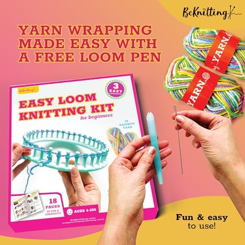 BeKnitting Learn to Knit Loom Kit - DIY Arts &amp; Crafts w/Round Loom, Yarn, Crochet Hook, &amp; Pen | for Kids &amp; Adults | Weaving