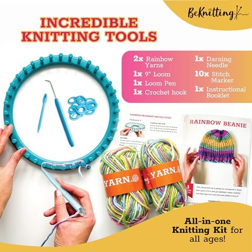 BeKnitting Learn to Knit Loom Kit - DIY Arts &amp; Crafts w/Round Loom, Yarn, Crochet Hook, &amp; Pen | for Kids &amp; Adults | Weaving