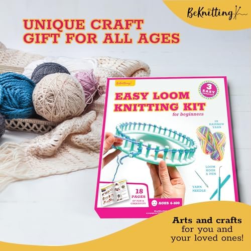 BeKnitting Learn to Knit Loom Kit - DIY Arts &amp; Crafts w/Round Loom, Yarn, Crochet Hook, &amp; Pen | for Kids &amp; Adults | Weaving